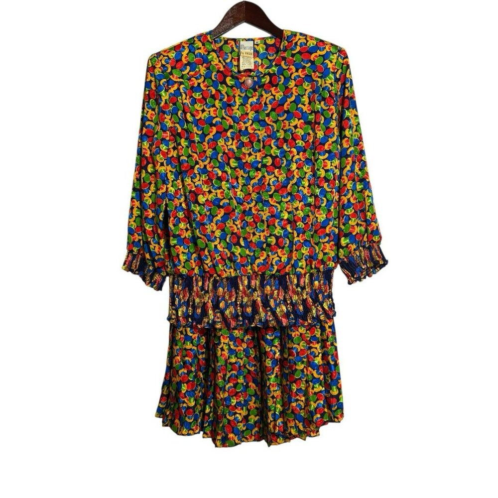 Vintage Montage Mosaic Blouse Top Skirt Set Matching Size M Retro Spool All Over